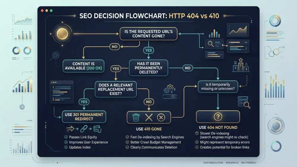 404 Not Found vs 410 Gone status code SEO decision flowchart and link equity preservation