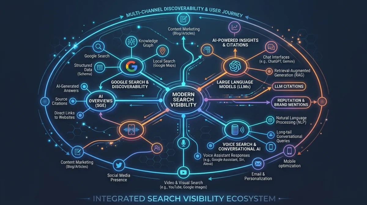 Modern SEO and AI search visibility ecosystem across Google Search and LLM citations