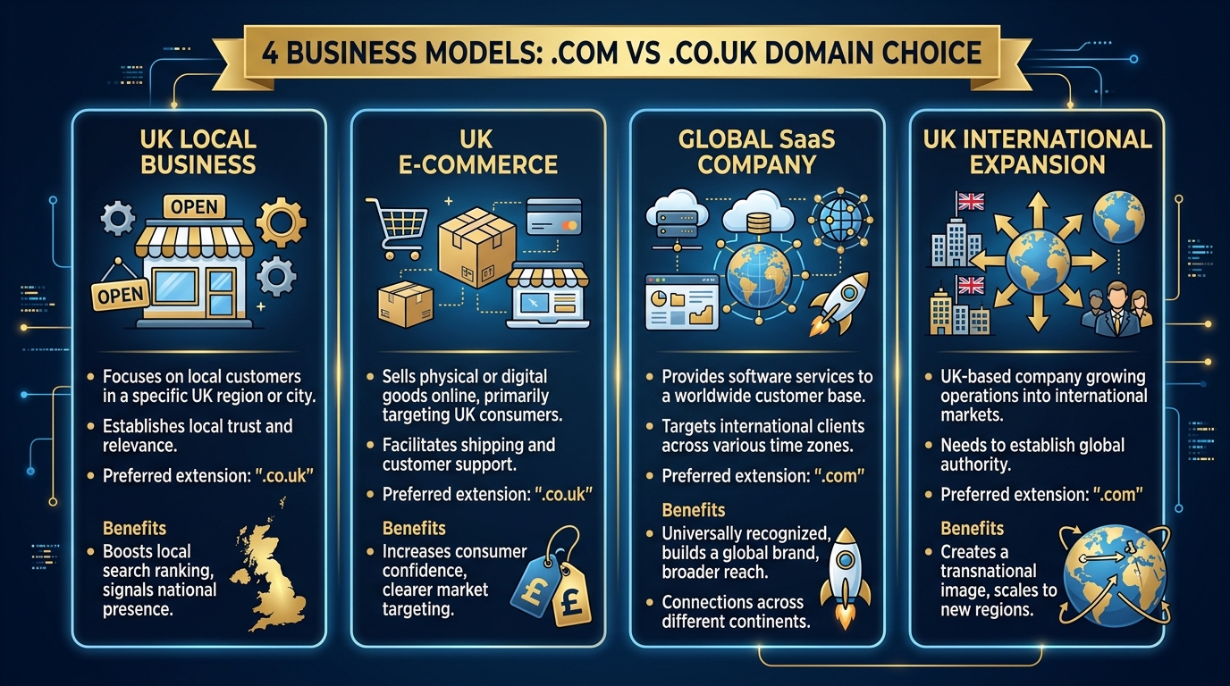 4 Business Models Choosing Between .com and .co.uk Domain Extensions