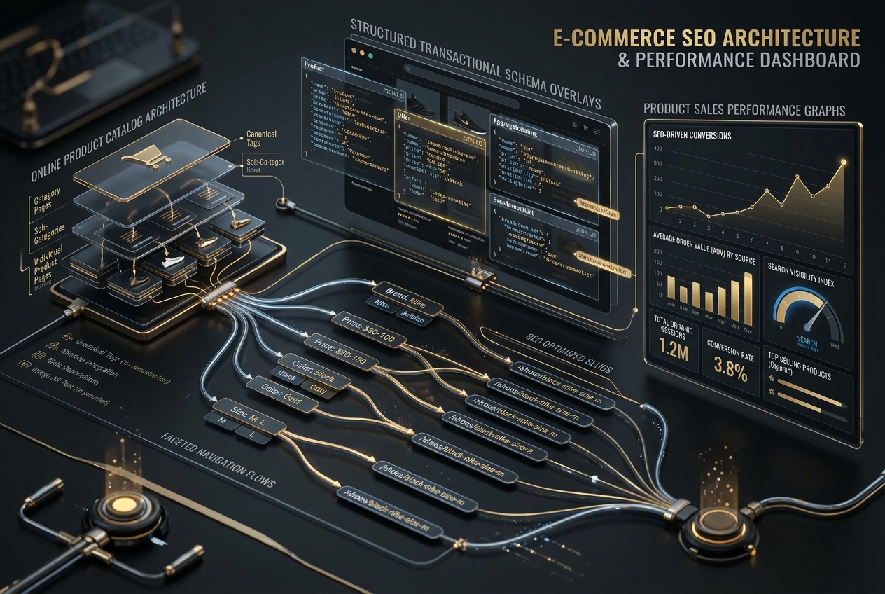 Ecommerce SEO architecture showing product catalog structure and transactional schema tags.