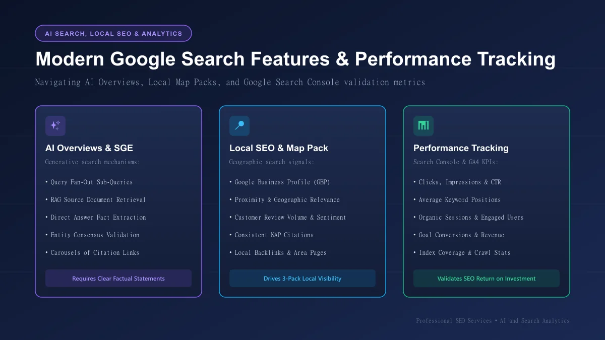 Google AI Overviews, local SEO pack signals, and Search Console performance tracking