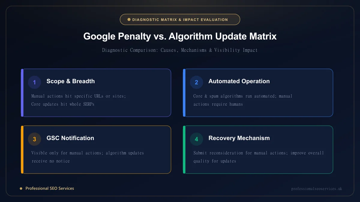 Google algorithm update vs penalty diagnostic comparison matrix