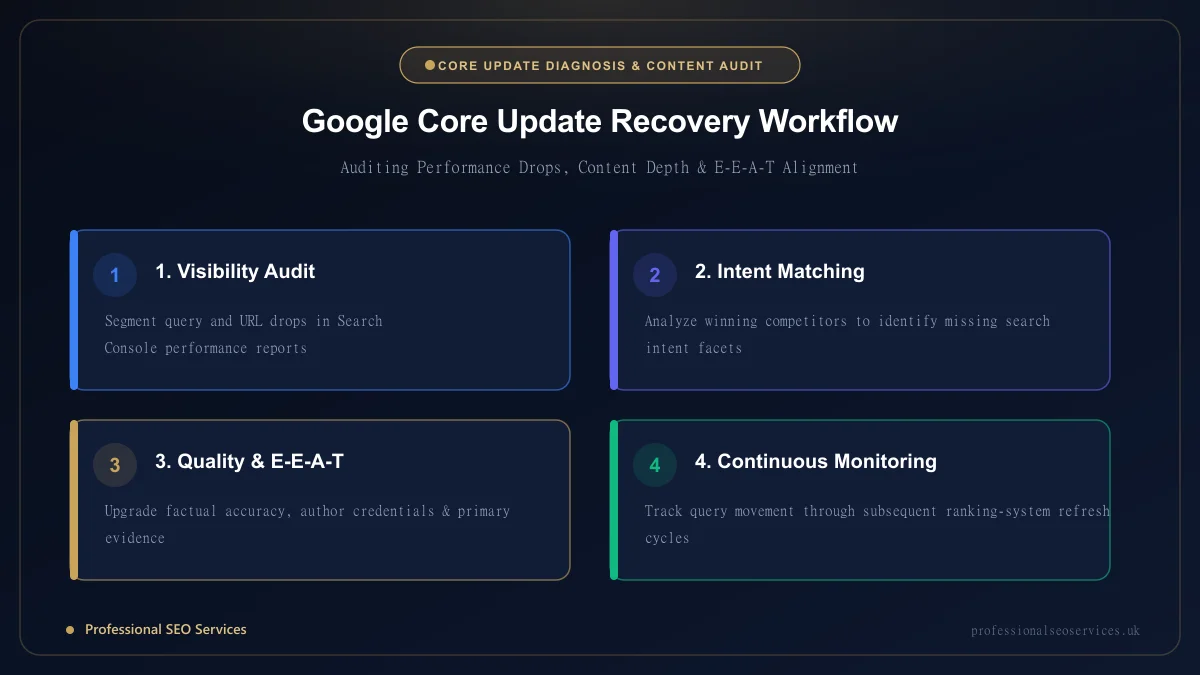 Google core update ranking drop recovery workflow and content quality assessment