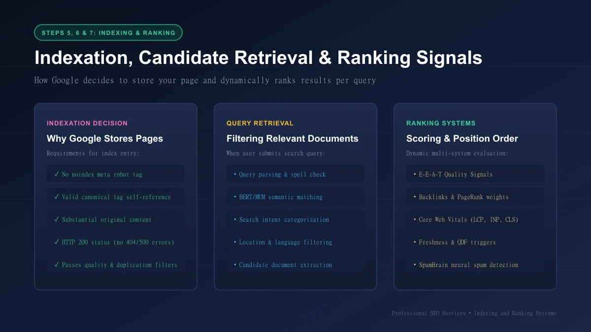 Google indexing, query retrieval, and algorithmic ranking systems