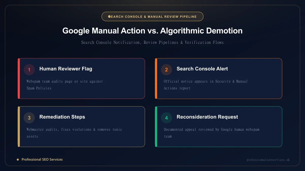 Google manual action search console penalty workflow and human reviewer pipeline