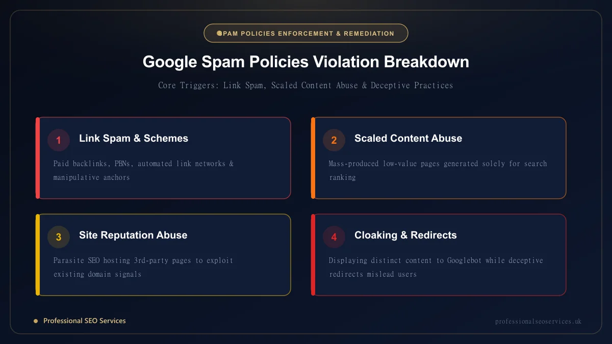 Google spam policies violation breakdown including link spam and scaled content abuse