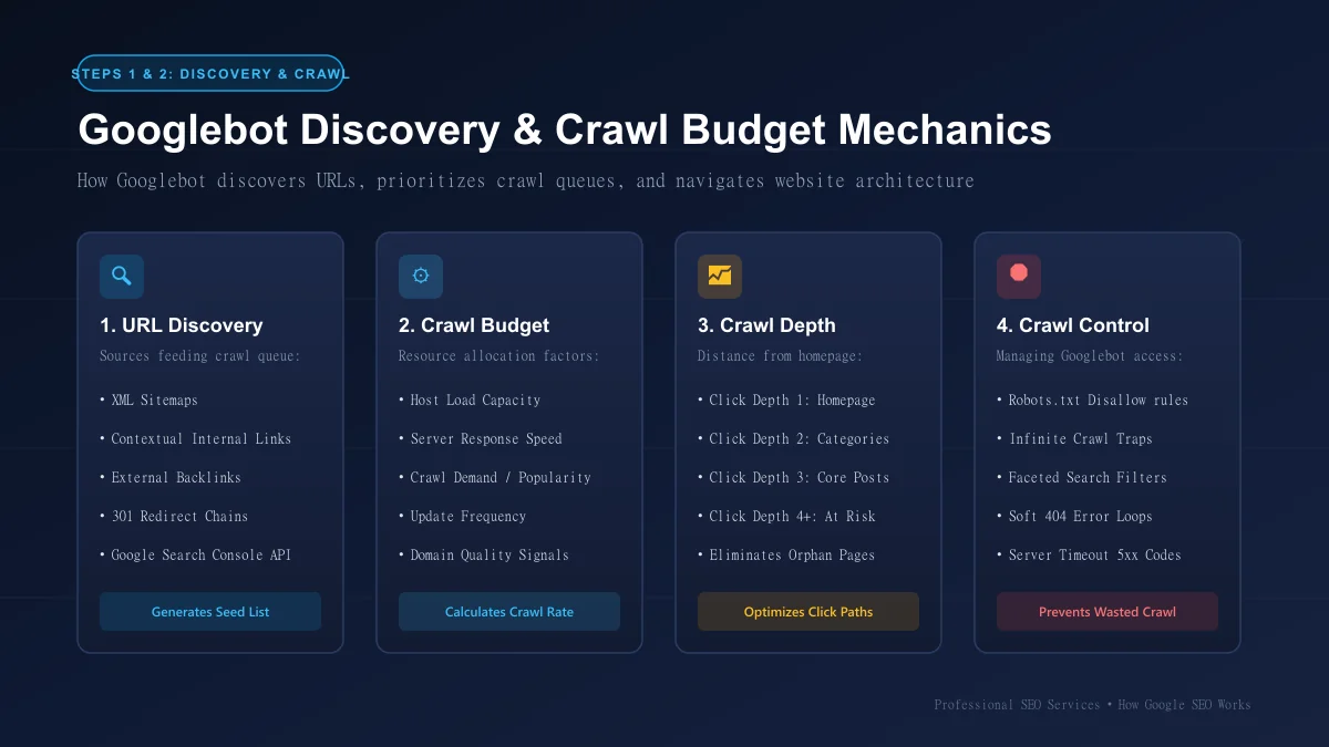 Googlebot crawling and URL discovery process showing crawl budget, click depth, and architecture