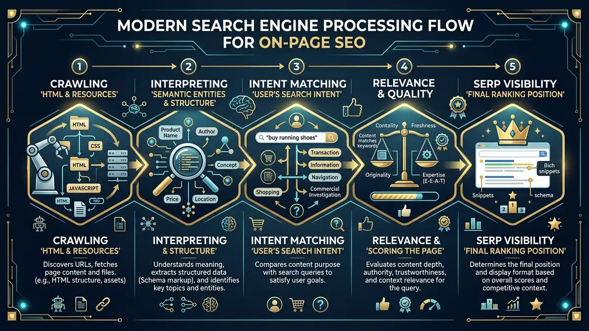 How On-Page SEO Works Process - Crawling, Interpreting, Intent Matching, Relevance Scoring, and SERP Visibility