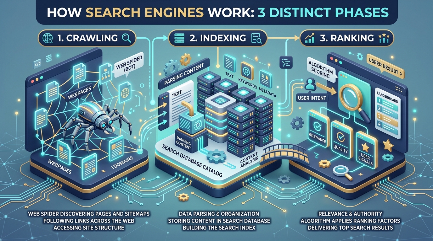 How Search Engines Work - Crawling, Indexing, and Ranking Process Diagram
