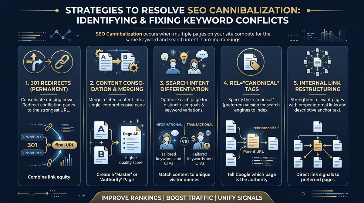 How to fix SEO cannibalization strategies including 301 redirects content consolidation and search intent differentiation