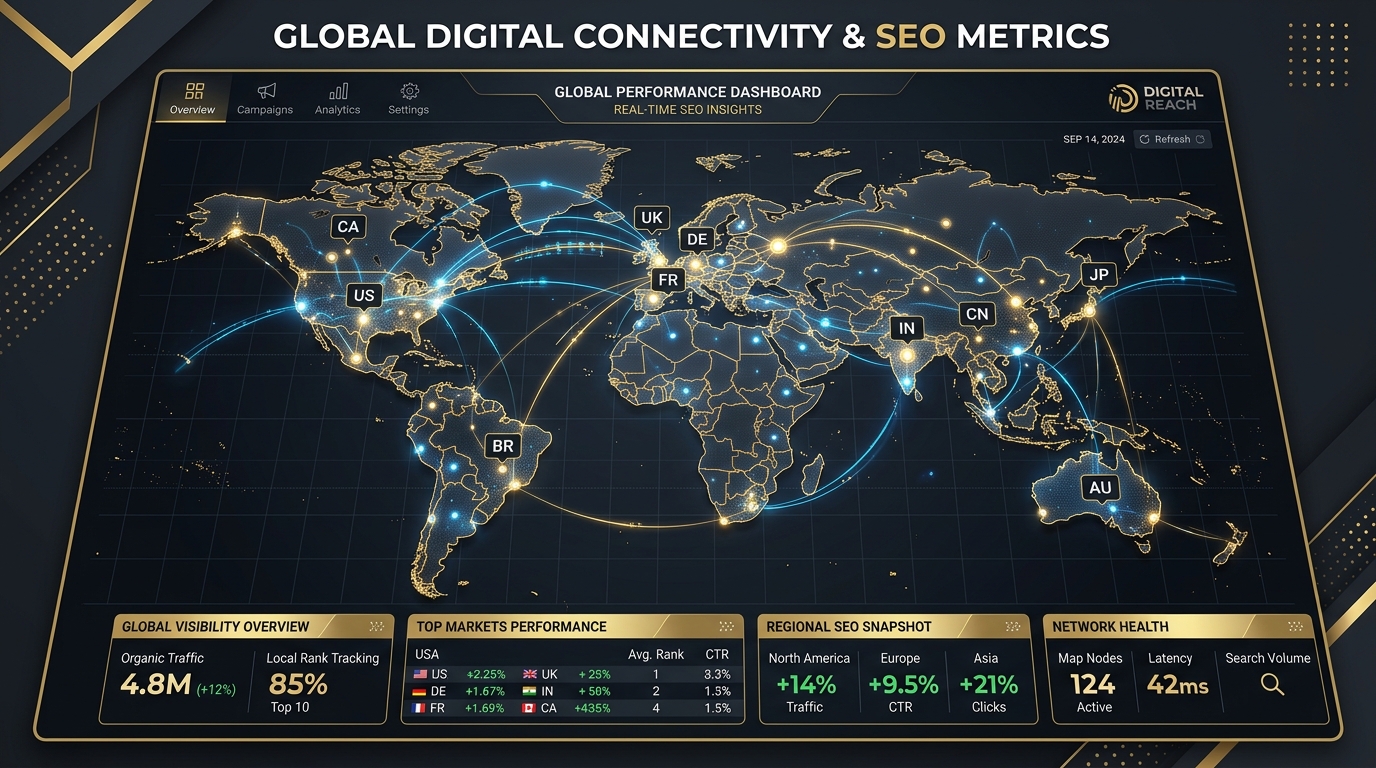 International SEO showing world map connections and localized language subdirectories.