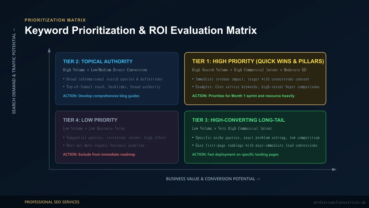 Keyword Prioritization Matrix Balancing Business Value, Search Demand, and Ranking Difficulty