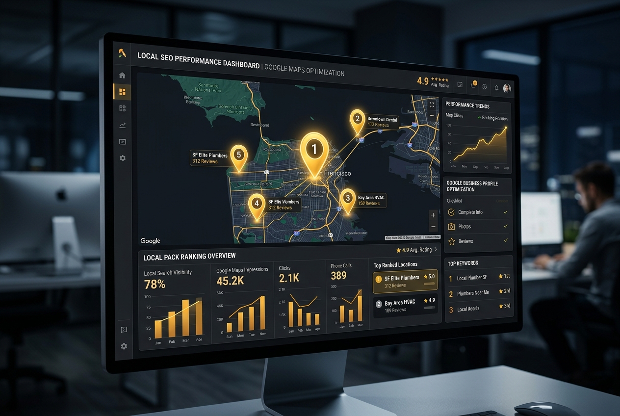 Local SEO map performance dashboard showing local map pack ranking and geo-pin overlays.
