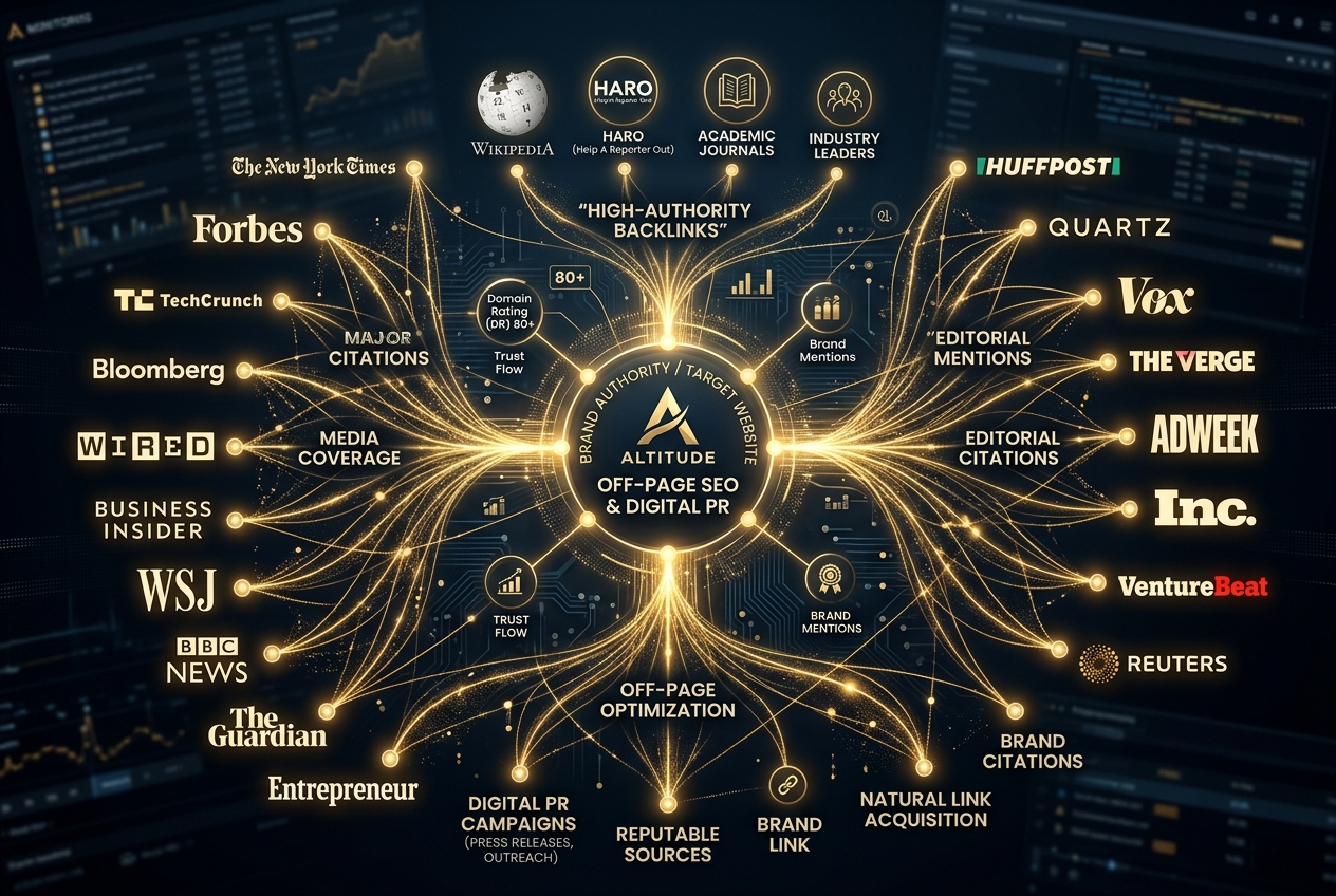 Off-Page SEO backlink network authority graph and media publications citations.