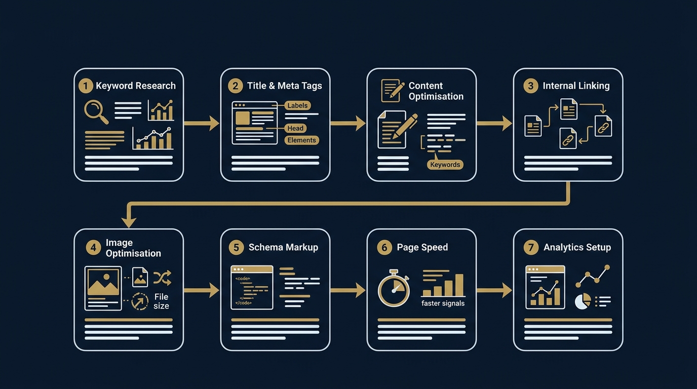 On-page SEO audit checklist workflow showing step-by-step optimisation process