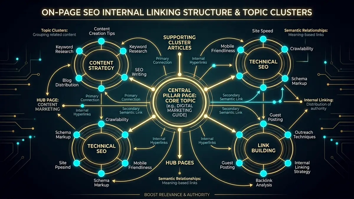 On-Page SEO Internal Linking Structure and Topic Clusters Diagram