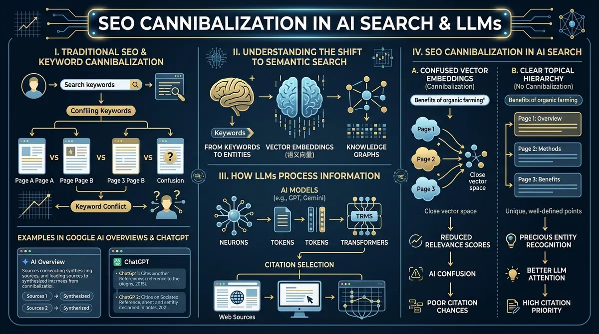 SEO cannibalization in AI search and LLM visibility showing entity retrieval and vector search optimization