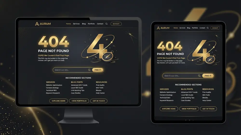 SEO friendly custom 404 error page design with navigation search bar and category links