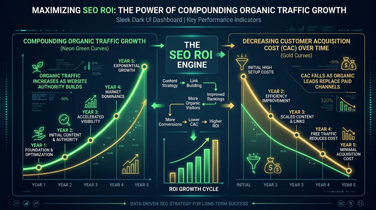 SEO investment ROI graph illustrating organic traffic compounding and customer acquisition cost reduction
