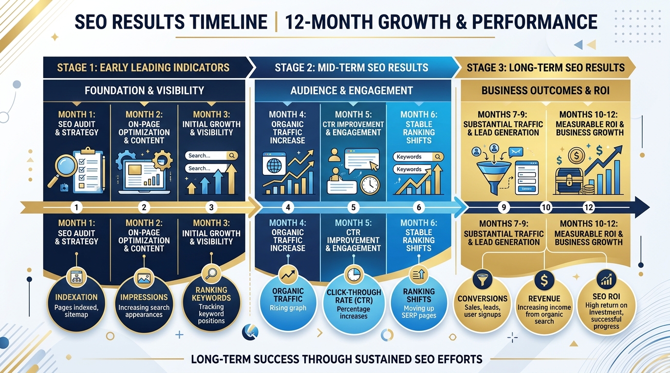SEO Results Timeline Early Mid and Long Term Performance Metrics