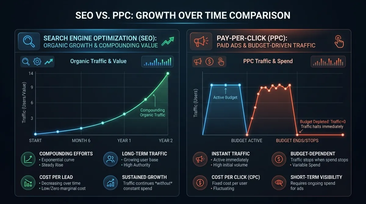 SEO versus PPC paid advertising cost comparison chart over 12 months