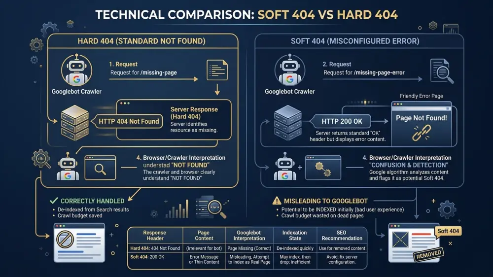Soft 404 vs Hard 404 HTTP status code comparison and SEO indexation impact
