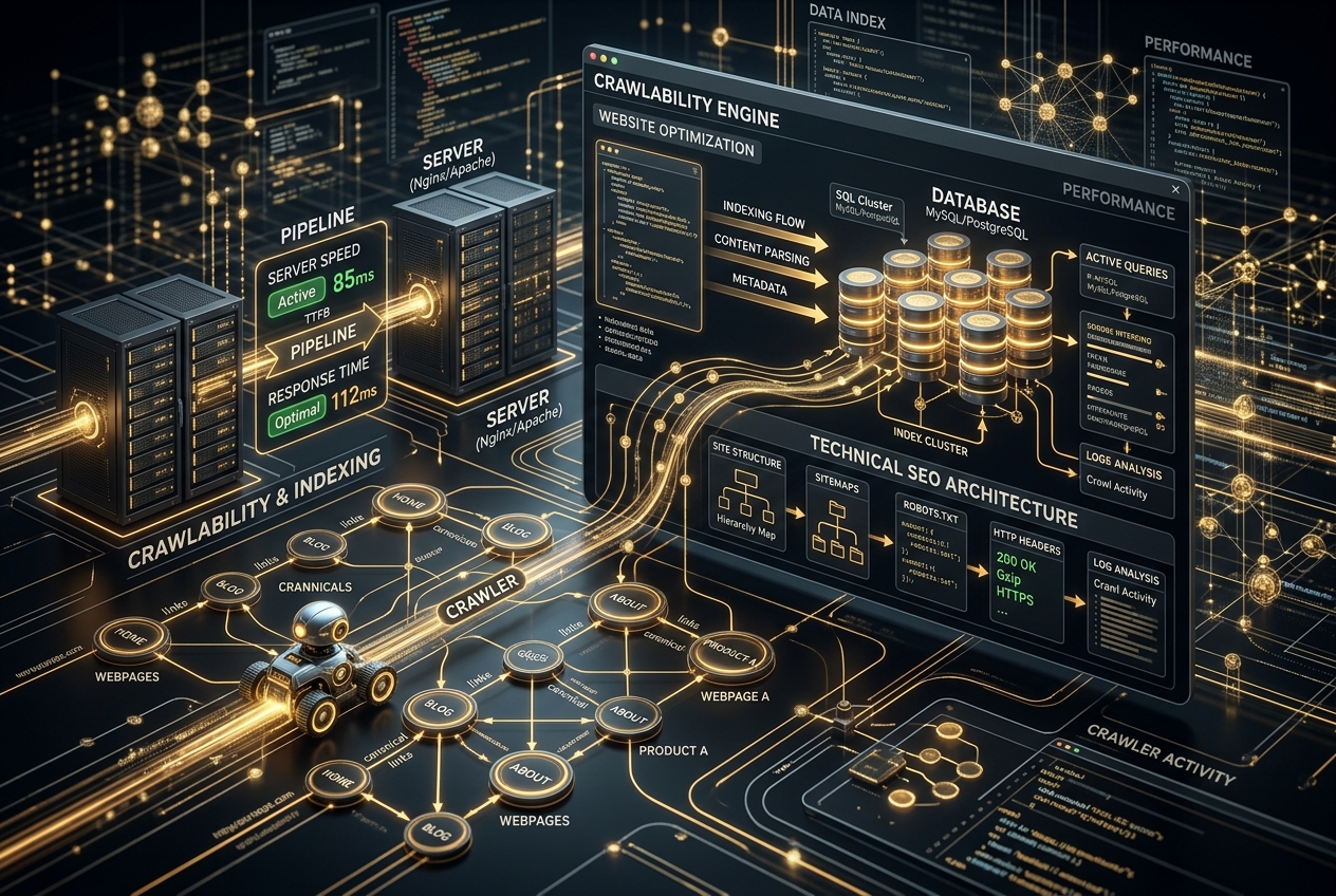 Technical SEO database mapping, logs and crawl analysis dashboard representation.