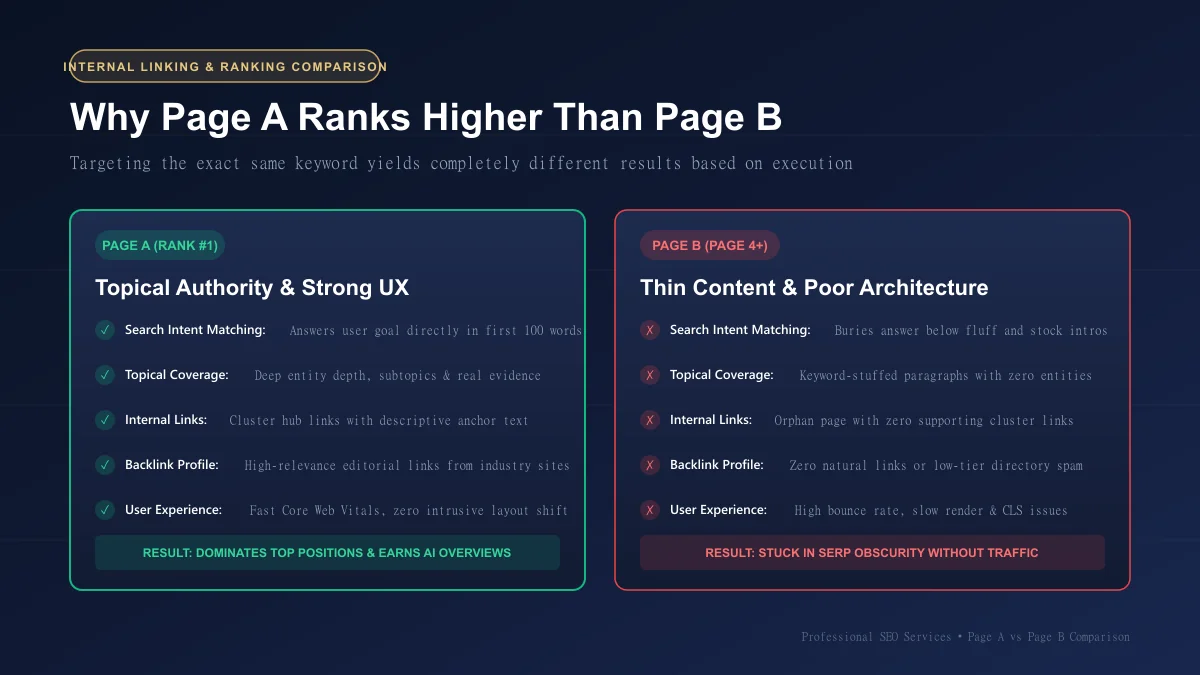 Topical authority and internal linking comparison showing why Page A outranks Page B