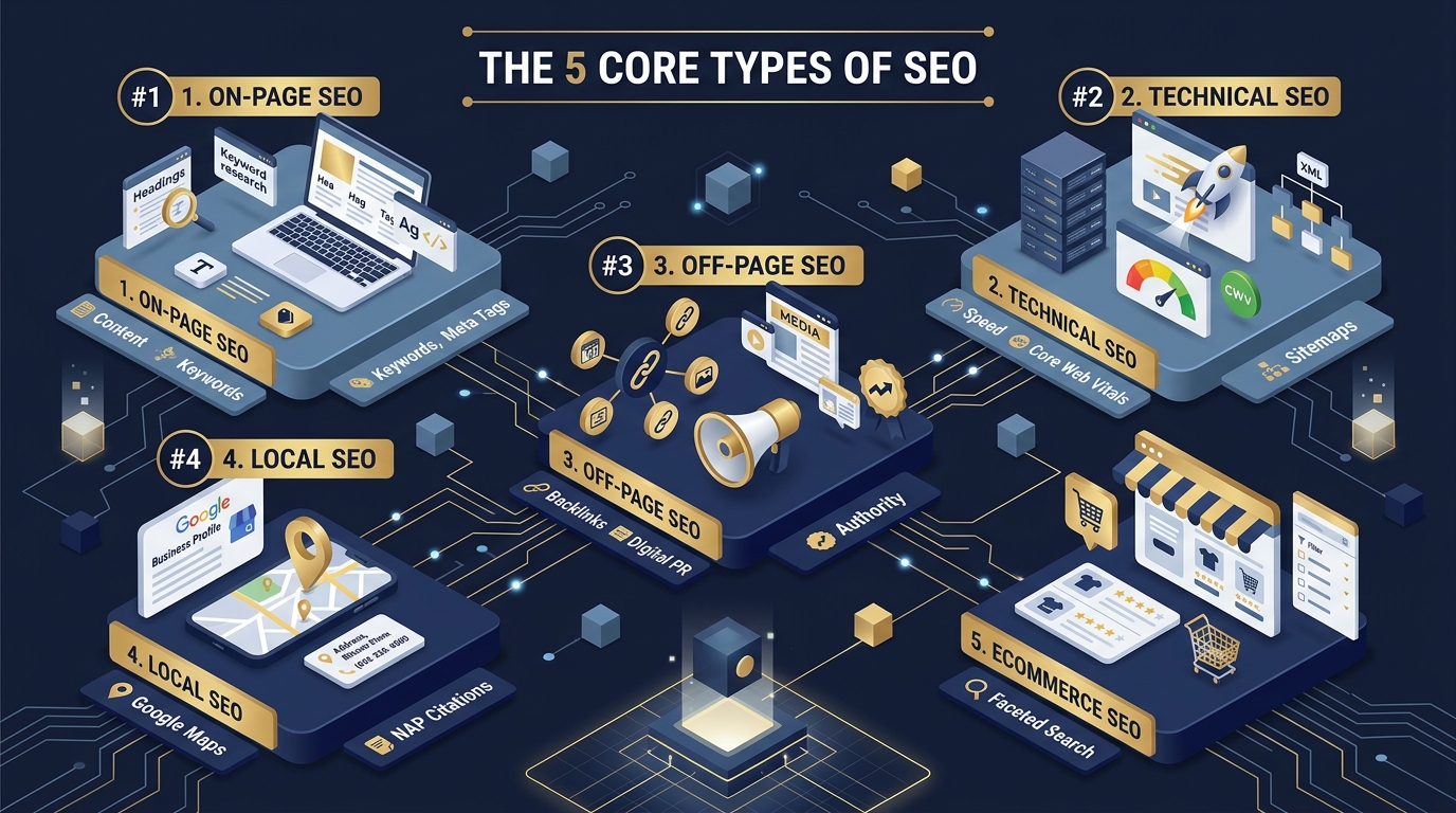 The 5 Core Types of SEO - On-Page, Technical, Off-Page, Local, and Ecommerce SEO