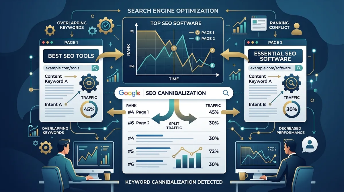 SEO cannibalization in SEO causes signs and solutions diagram showing keyword cannibalization and rankings conflict